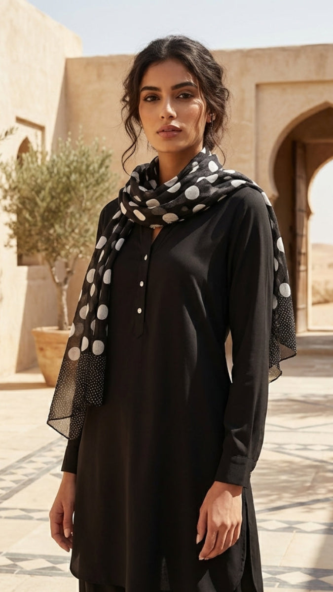 Woman wearing a black dress and polka dot scarf in a sunlit courtyard with arches and potted plants.