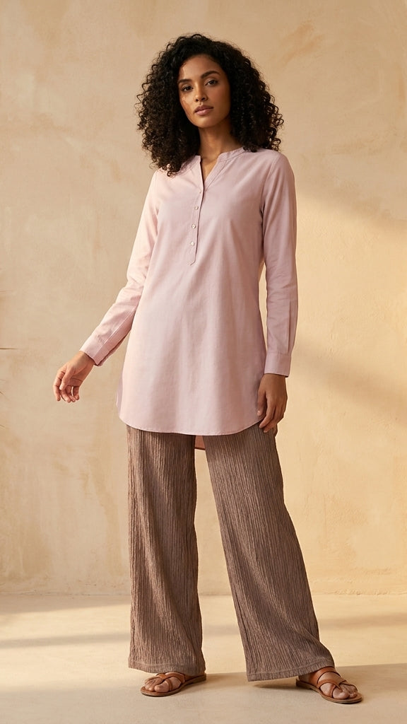 Woman wearing a light pink long-sleeve top and brown pants standing in a warm-toned room with decorative plants and vases.