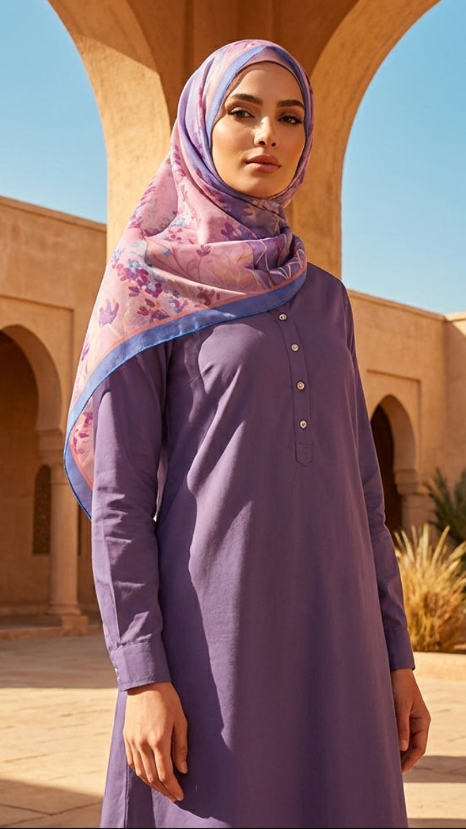 Woman in a purple dress and headscarf standing in front of an architectural archway with a minaret in the background.