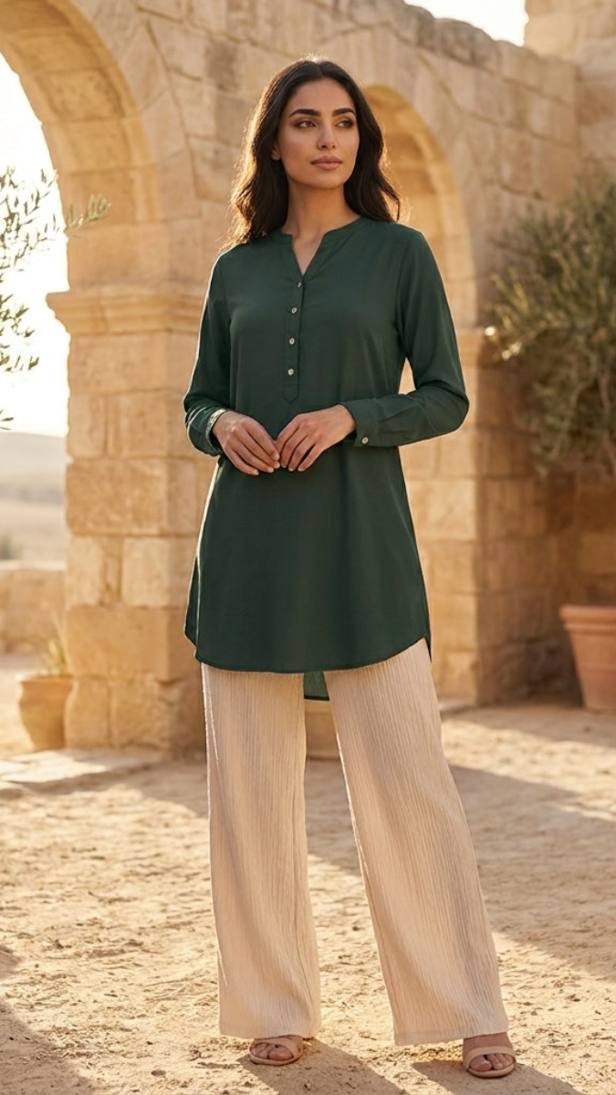 Woman in a green top and beige pants standing in front of stone arches and potted plants.