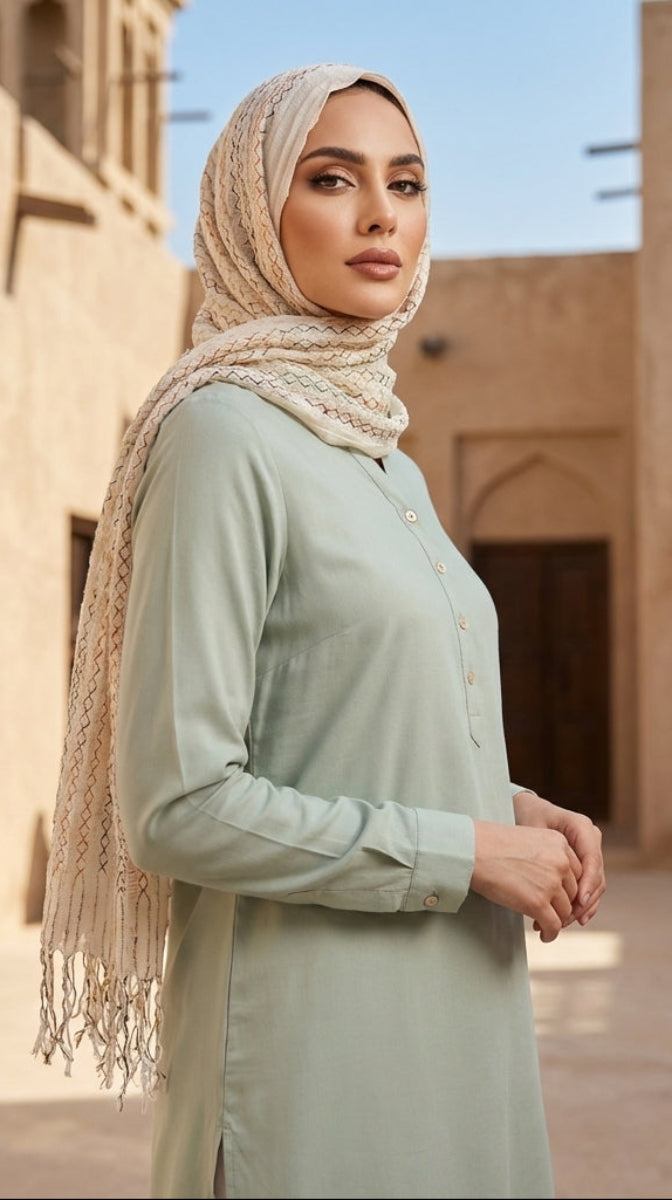 Woman in a light green dress and beige hijab standing in a courtyard with arched doorways and a pot in the background.
