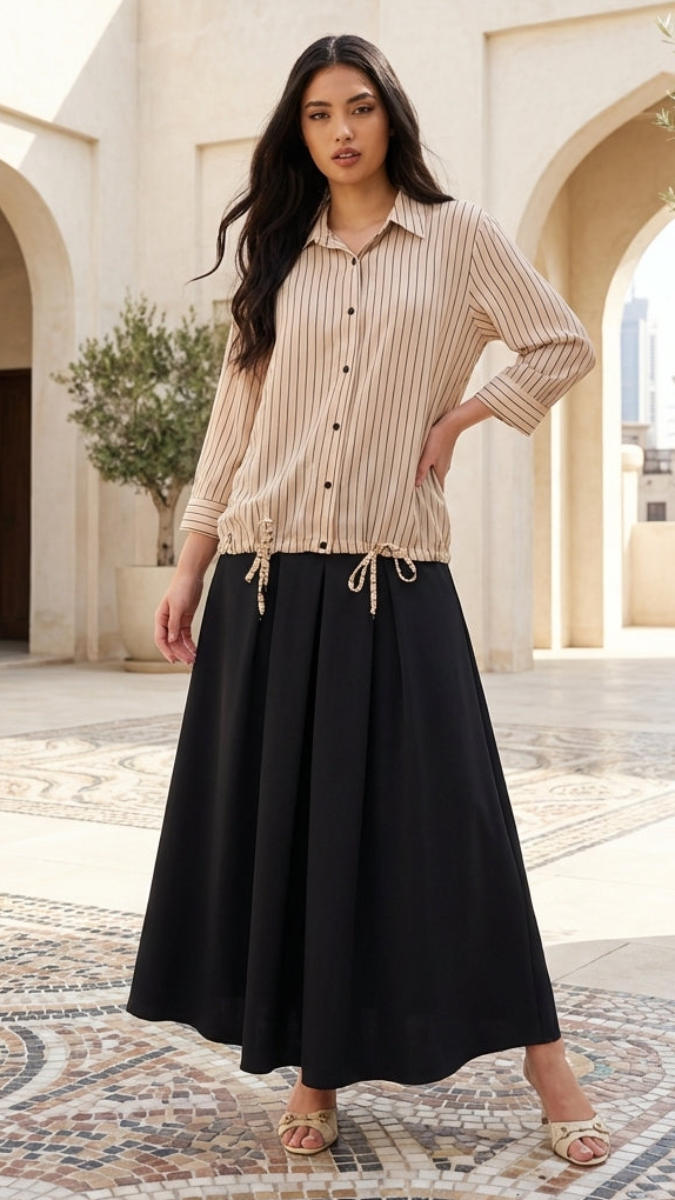 Woman in a striped shirt and black skirt standing in an outdoor setting with arches and plants.