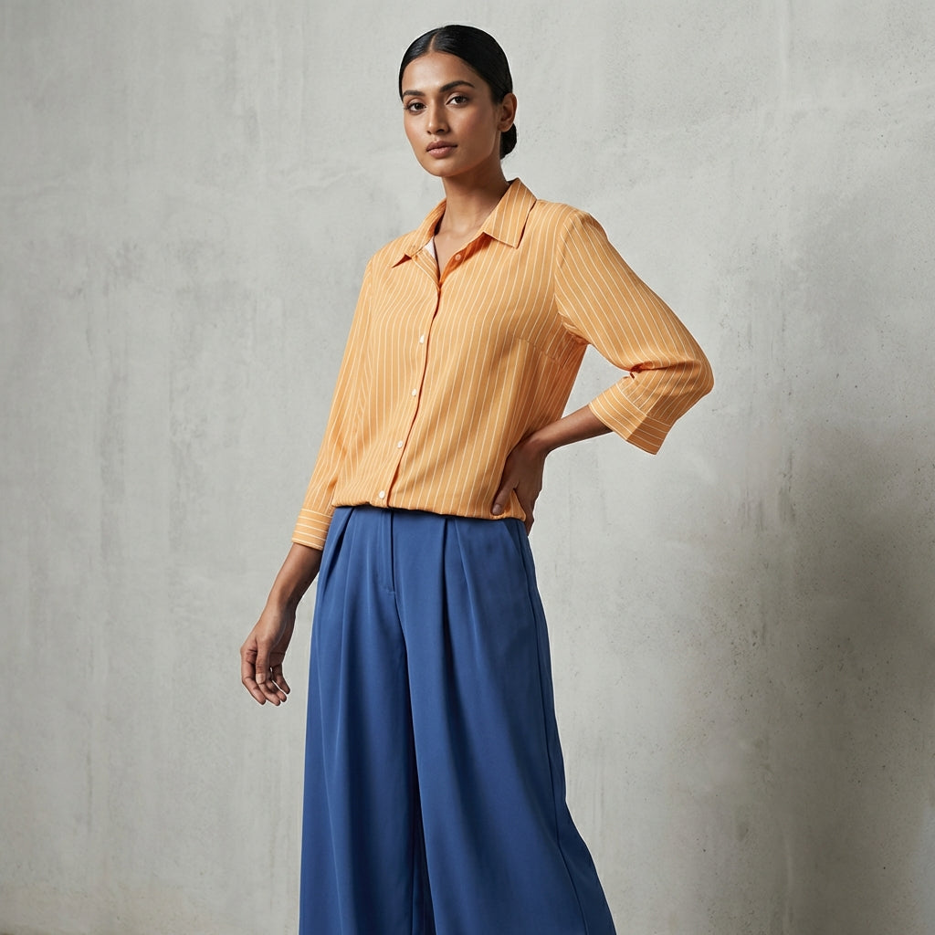 Woman wearing a yellow shirt and blue pants against a gray background