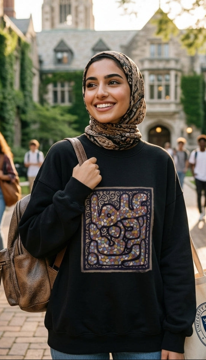 A woman wearing a black crewneck sweatshirt with a colorful geometric graphic on the front, a brown patterned hijab, and a brown backpack stands on a brick campus walkway in front of a historic stone building with ivy-covered walls.