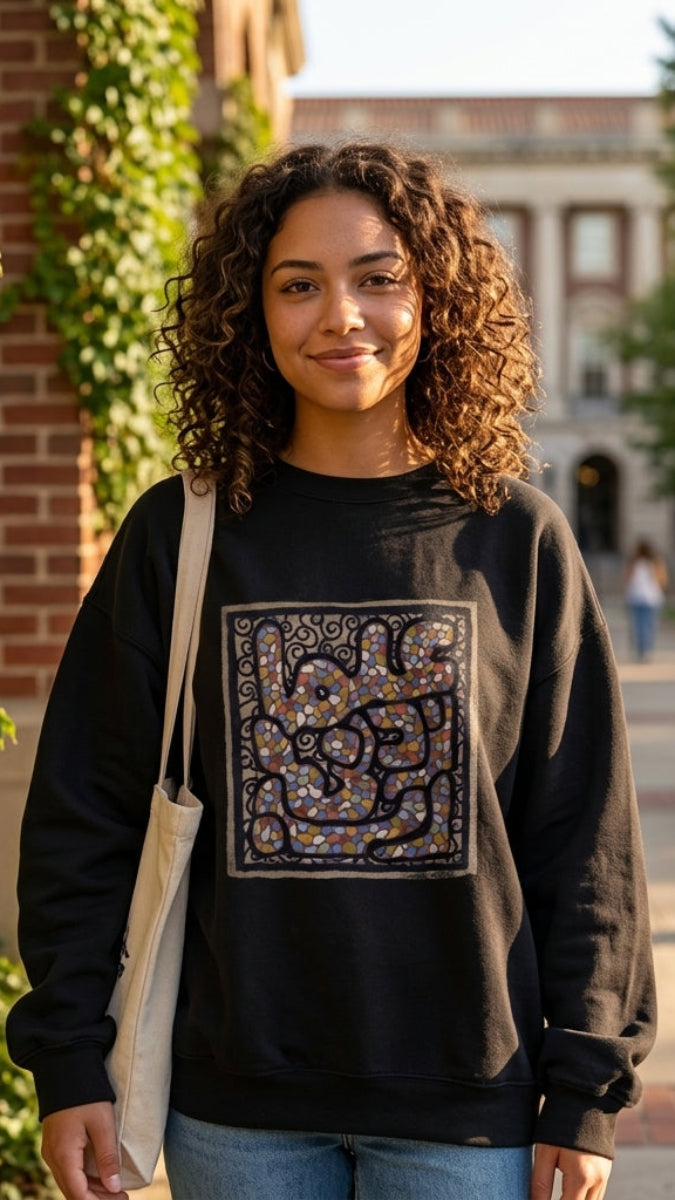 A woman with curly brown hair stands outdoors on a campus walkway wearing a black crewneck sweatshirt with a large square multicolor graphic print on the front. She is carrying a beige canvas tote bag and wearing blue jeans.