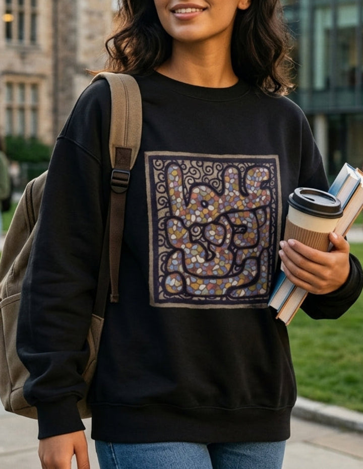 A woman stands on a college campus holding books and a coffee cup, wearing a black crewneck sweatshirt with a large square graphic print on the front. The print features an intricate, multicolored tribal-style pattern.