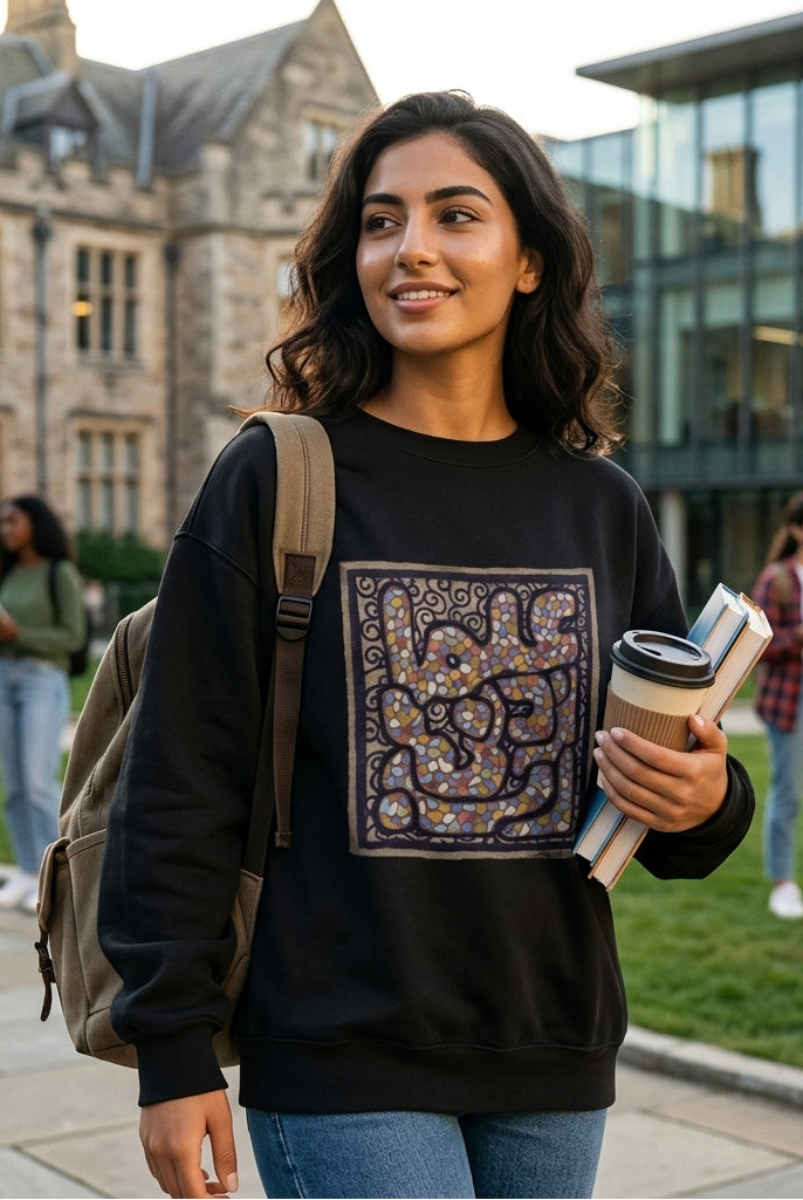 A woman stands on a college campus holding books and a coffee cup, wearing a black crewneck sweatshirt with a large square graphic print on the front. The print features an intricate, multicolored tribal-style pattern.