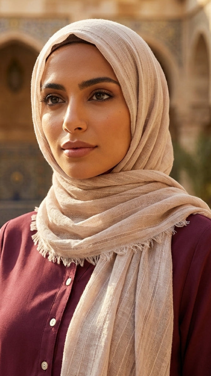 Woman wearing a beige hijab and maroon shirt in an outdoor setting with architectural elements.