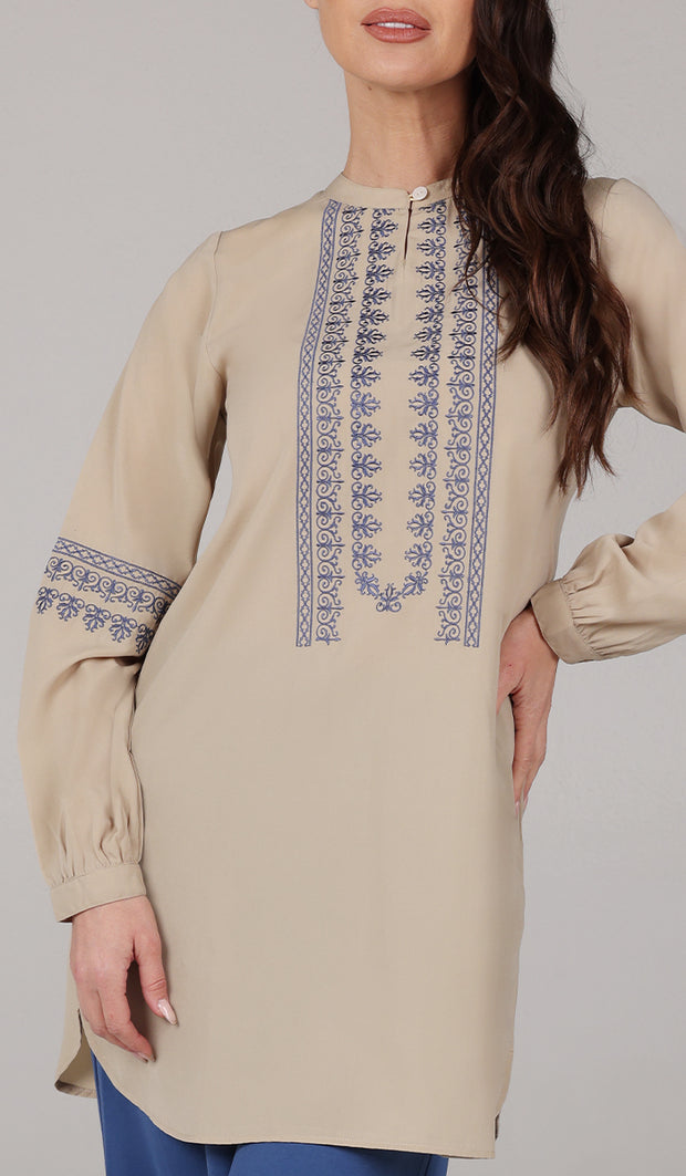 Razia Embroidered Long Modest Tunic - Biscuit