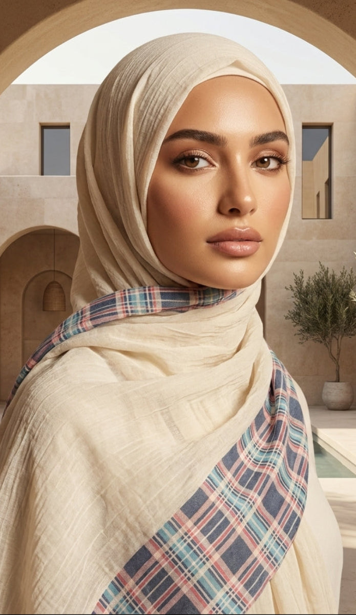Woman wearing a beige hijab with a plaid scarf in a sunlit courtyard.