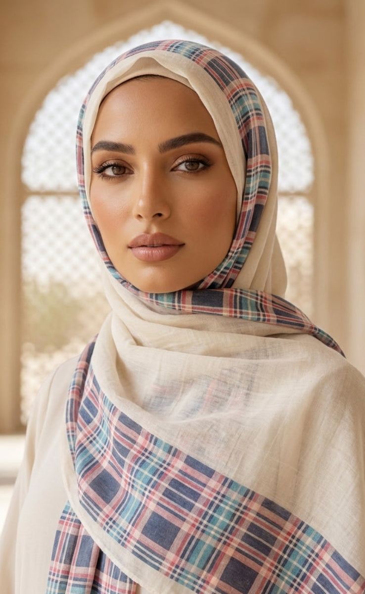 Woman wearing a plaid hijab with a neutral background
