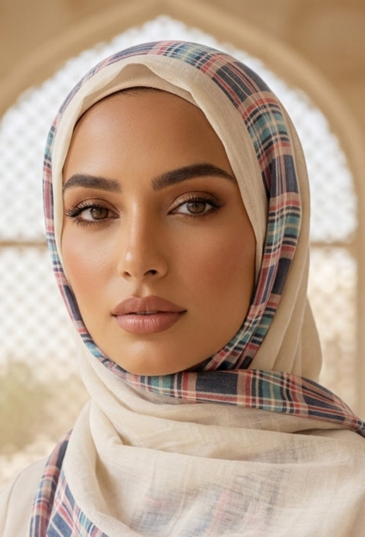 Woman wearing a plaid hijab with a neutral background