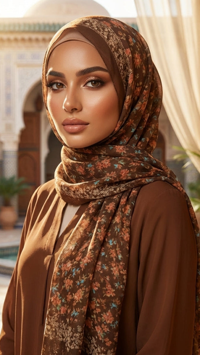 Woman wearing a patterned hijab in a decorative outdoor setting with plants and architectural elements.
