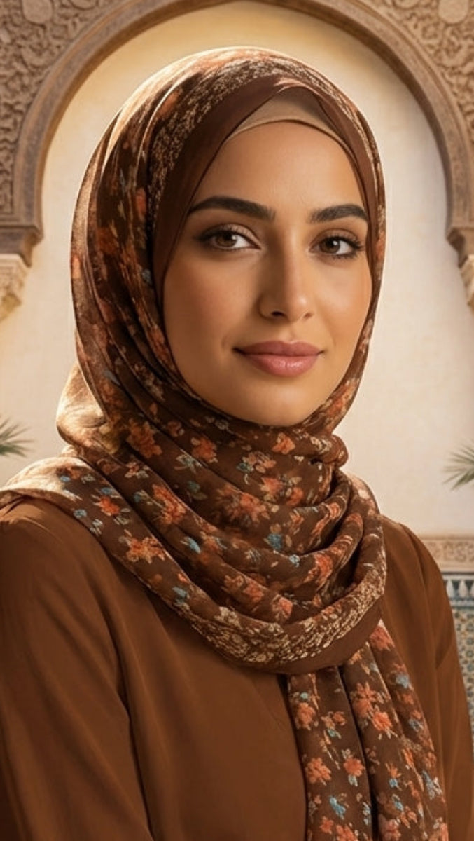 Woman wearing a brown hijab and outfit in an ornate architectural setting with plants.