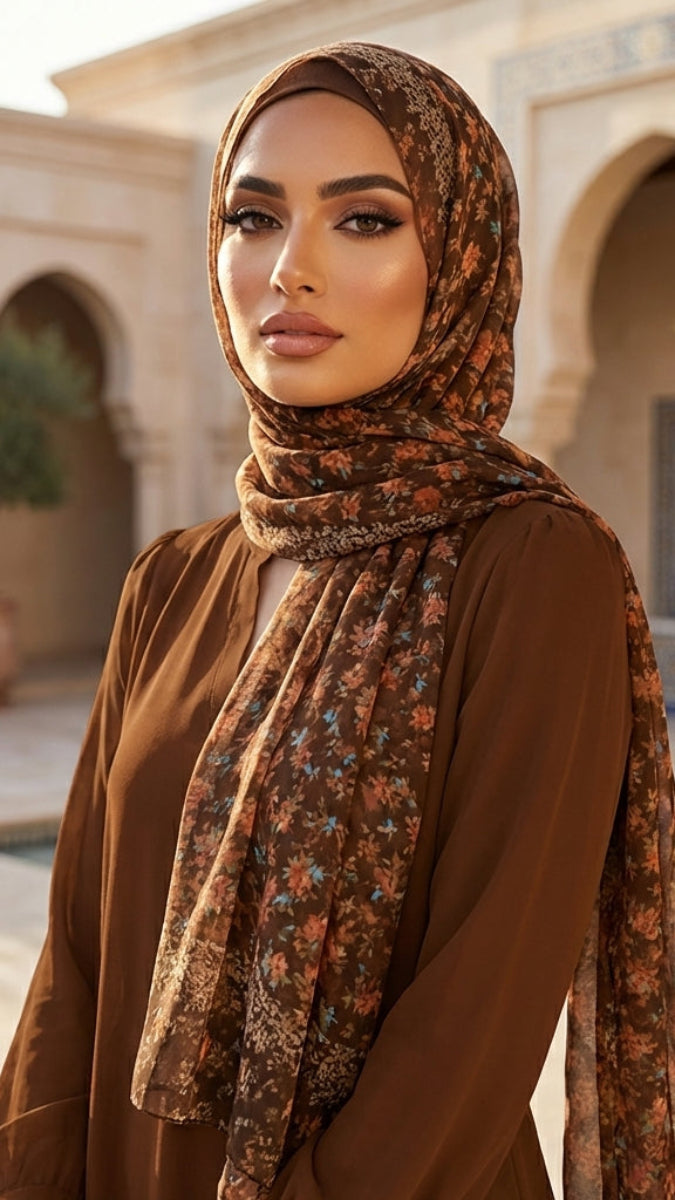 Woman wearing a patterned hijab and brown dress in an outdoor setting with arches and plants.