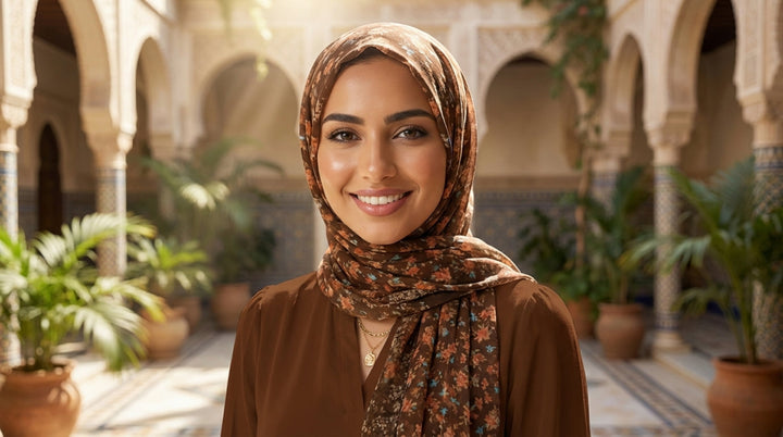 Woman wearing a patterned hijab and brown top in a sunlit courtyard with arches and plants.