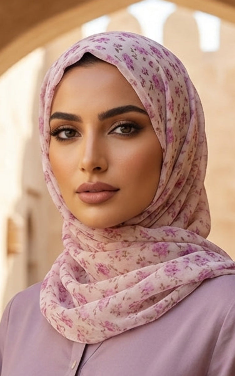 Woman wearing a light purple outfit and floral hijab in an arched hallway with plants.