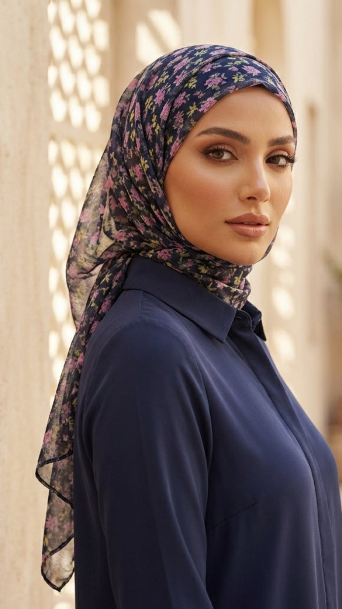 Woman wearing a floral headscarf and navy shirt in an outdoor setting