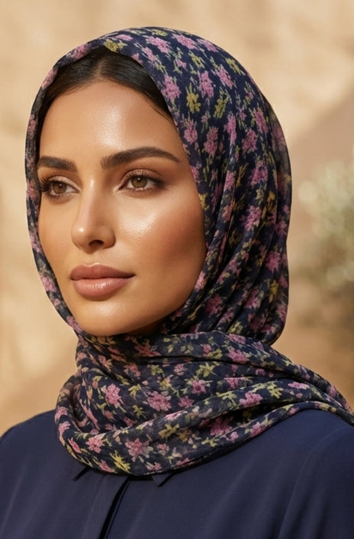 Woman wearing a floral hijab and navy blue outfit in an outdoor setting