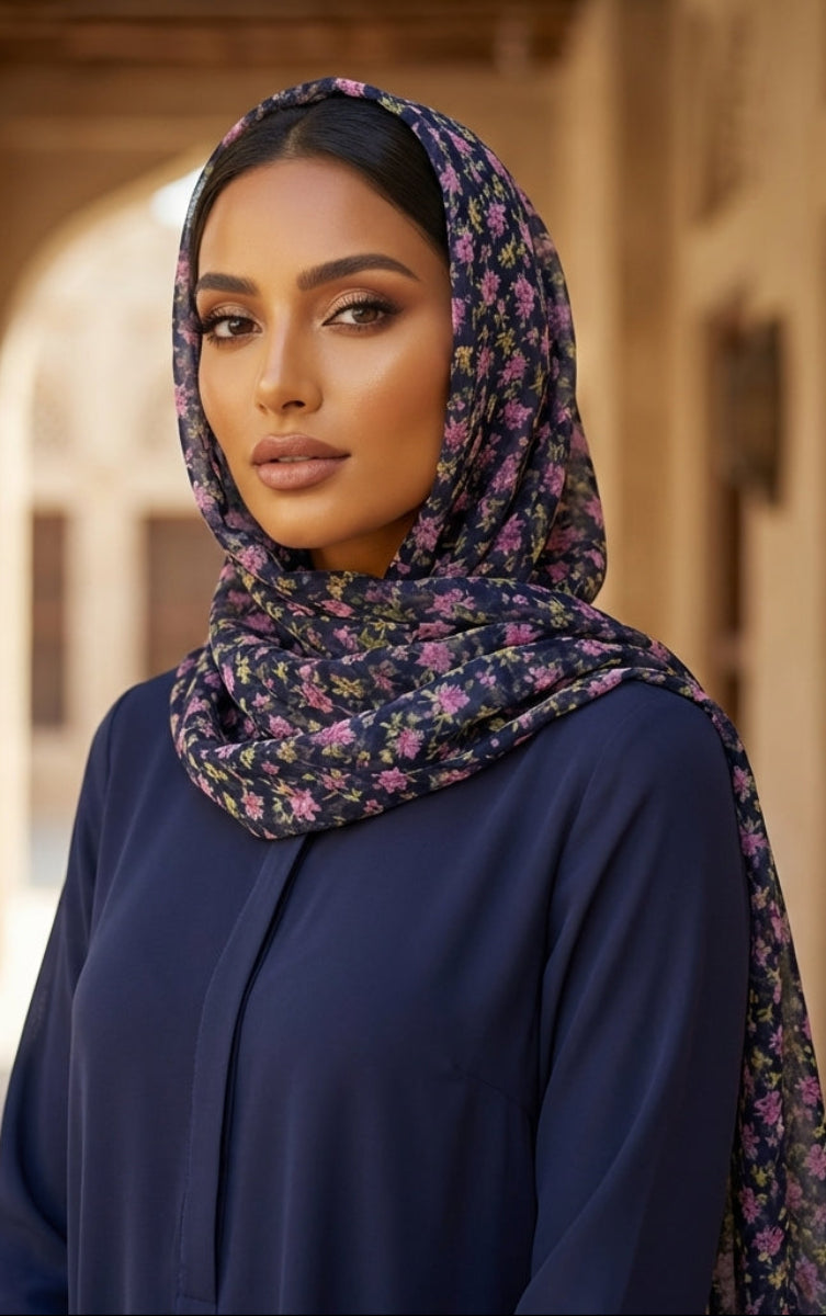 Woman wearing a floral hijab and navy blue outfit in an arched stone corridor