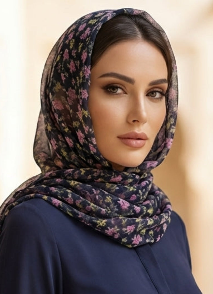 Woman wearing a dark blue outfit and patterned hijab in an arched passageway.