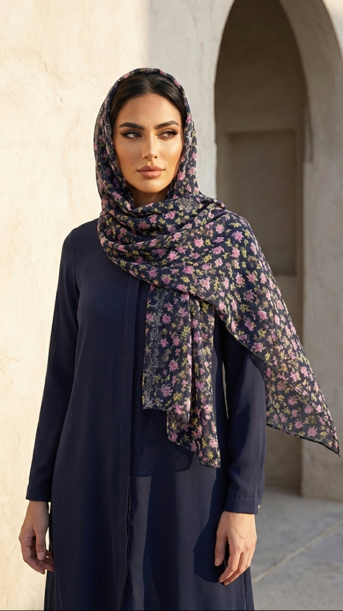Woman wearing a floral hijab and navy outfit in front of a stone archway.