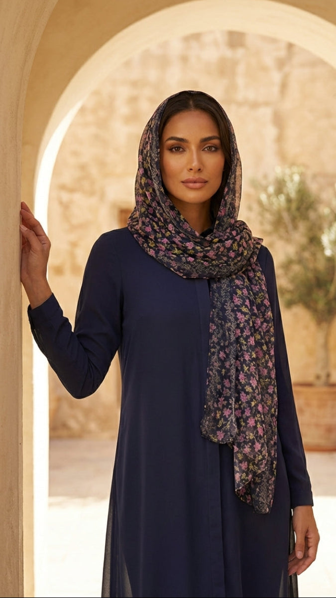 Woman wearing a navy blue dress and patterned hijab standing in an archway with a blurred natural background
