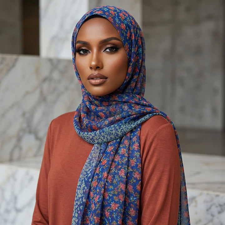 Rosa Chiffon Floral Print Wrap Hijab - Royal/Rose