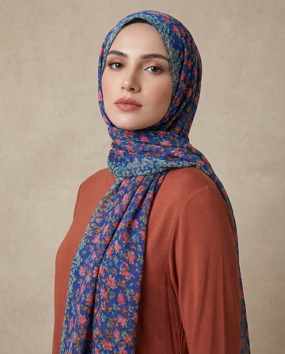 Rosa Chiffon Floral Print Wrap Hijab - Royal/Rose