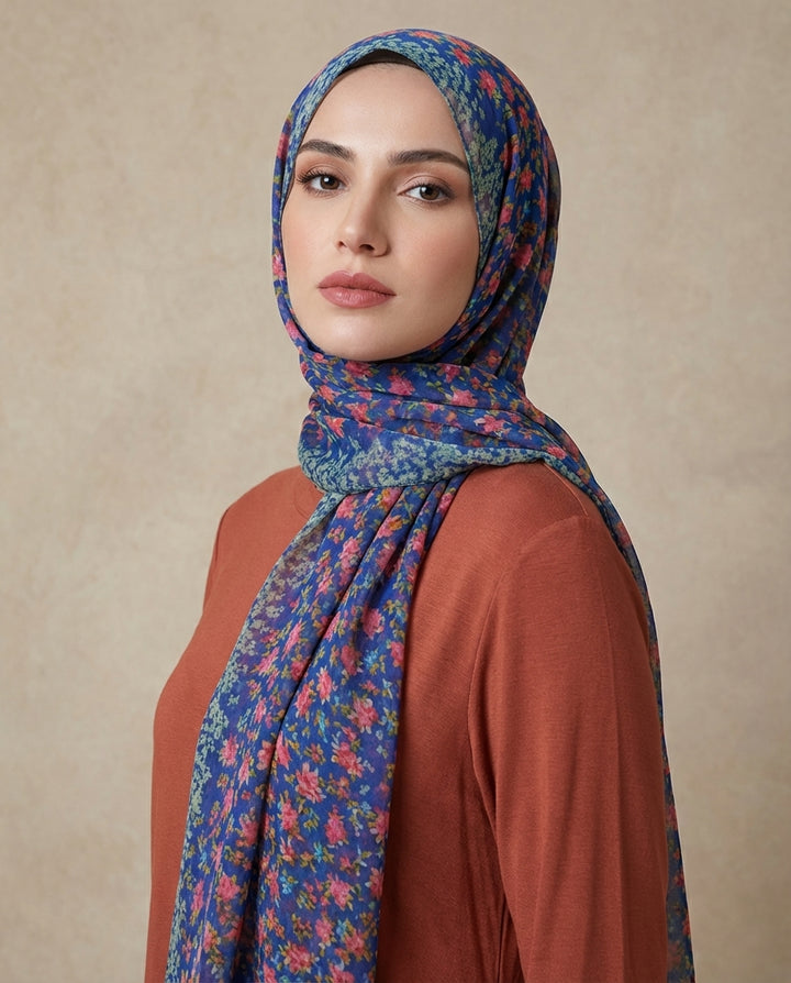 Rosa Chiffon Floral Print Wrap Hijab - Royal/Rose