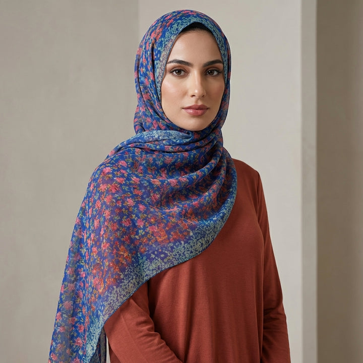 Rosa Chiffon Floral Print Wrap Hijab - Royal/Rose