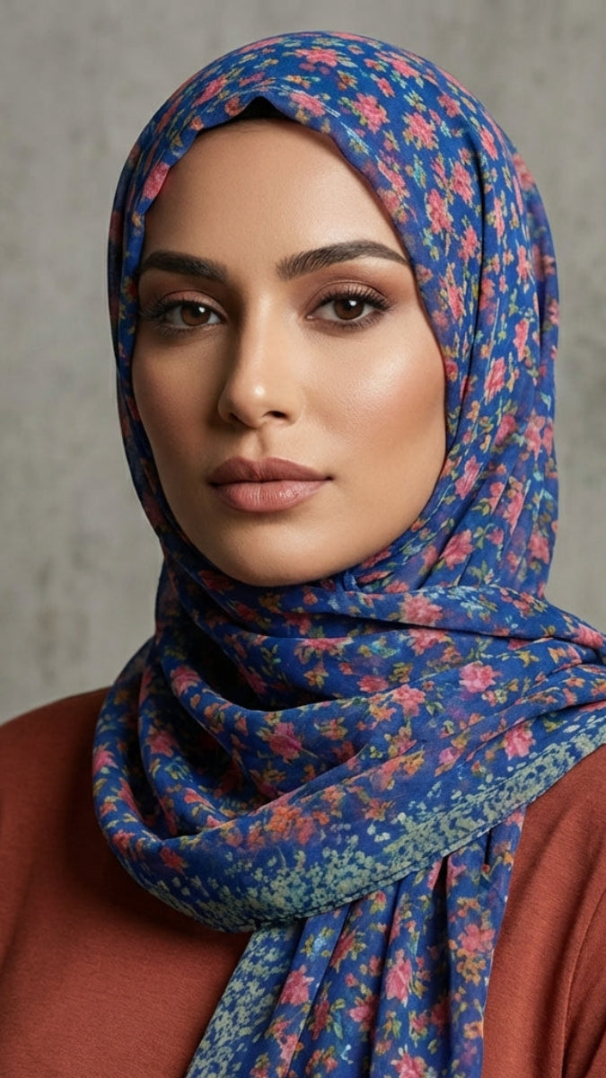 Woman wearing a blue floral hijab against a gray concrete wall