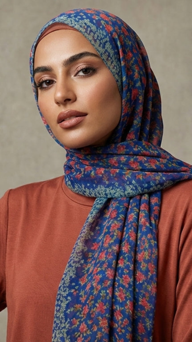 Woman wearing a patterned hijab and brown top against a plain background