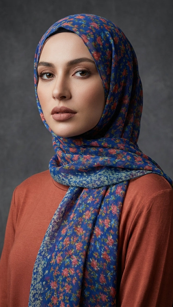 Woman wearing a blue floral hijab against a dark background