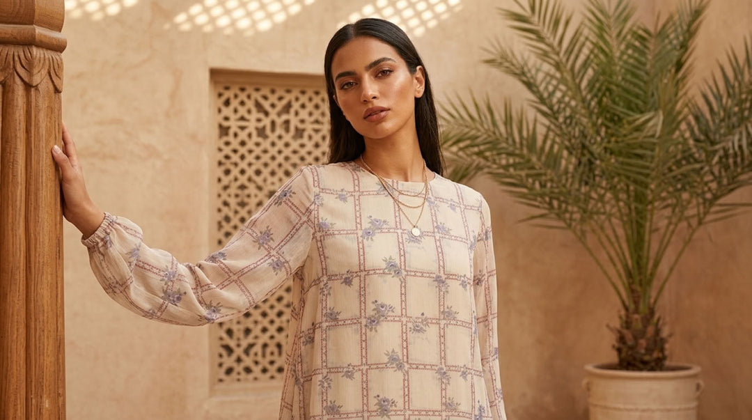 A woman wearing a beige long-sleeve kurta with a blue and pink floral grid pattern, posing in a warm, sandy-colored courtyard with a potted palm plant.