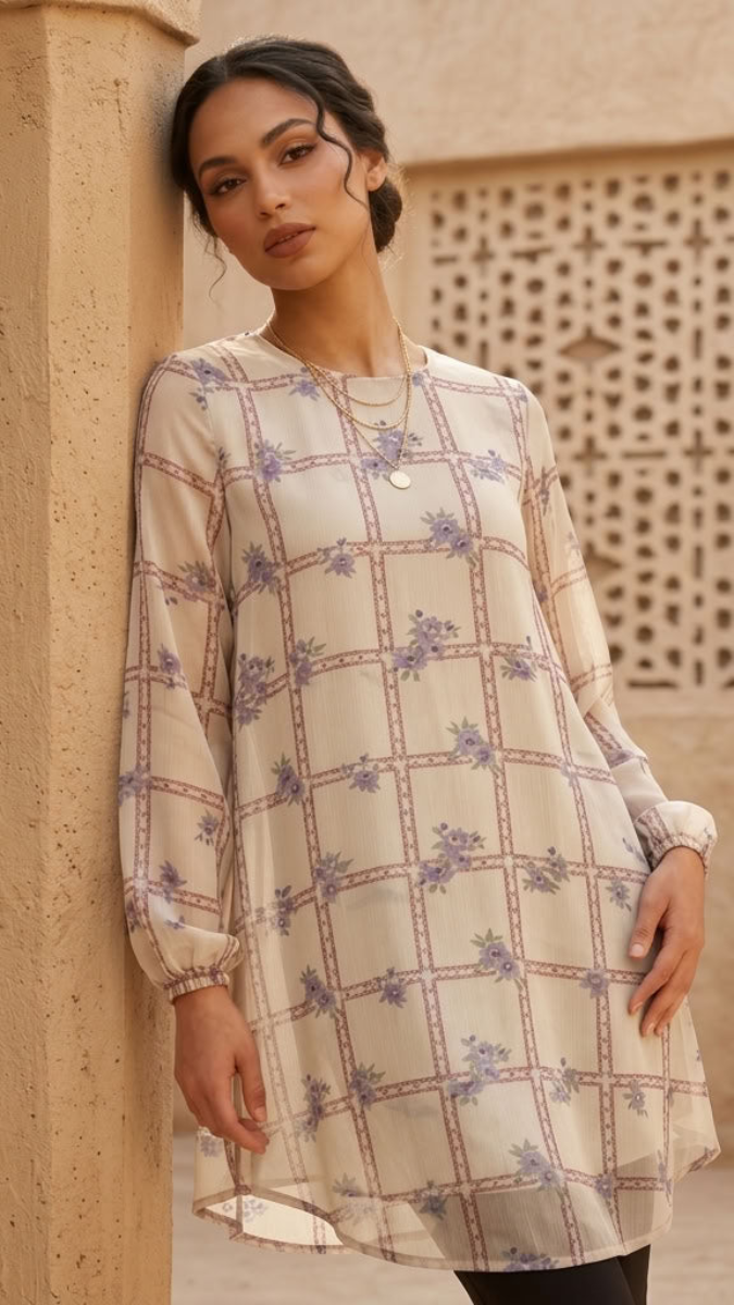 A woman wearing a long-sleeve cream-colored tunic dress with a purple floral grid pattern, leaning against a beige stone pillar in an outdoor setting.