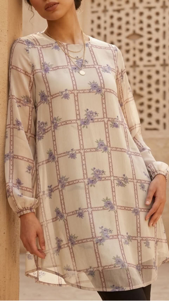 A woman models a long-sleeve tunic top with a beige base, purple floral pattern, and a brown grid design, leaning against a beige stone pillar in an outdoor courtyard setting.