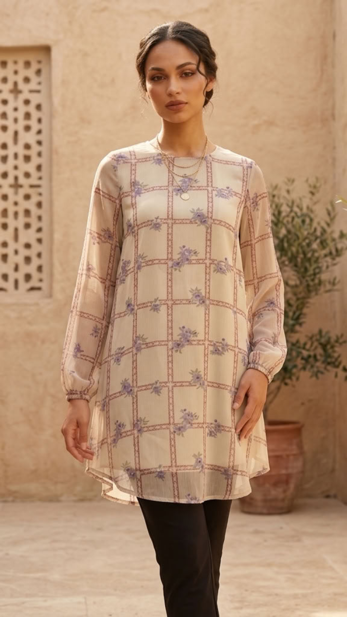 Sabra Long Chiffon Modest Top - Mosaic Bloom - PREORDER (ships in 2 weeks)