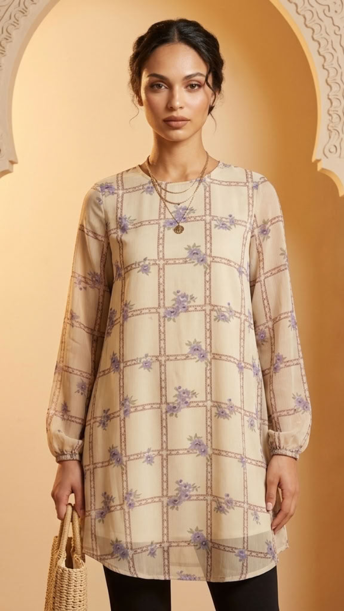 A woman models a long-sleeve beige tunic top with a purple and brown grid pattern and small floral motifs, standing in front of a warm-toned arched doorway.