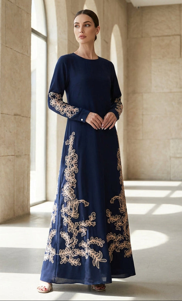 Sabrina Embroidered Modest Long Maxi Dress - Navy