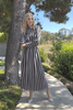 Anisa Modest Long Striped Elastic Waist Dress - Black and White