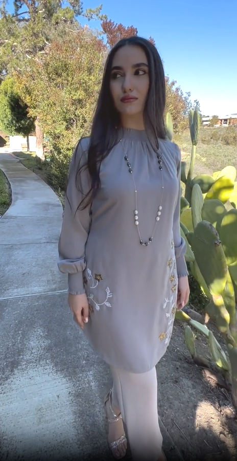 Amina Embroidered Formal Long Modest Tunic - Pearl Gray