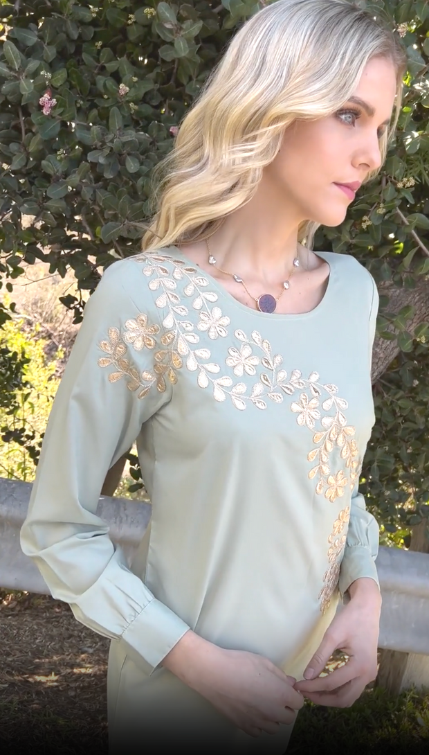 Mey Gold Embellished Long Modest Tunic - Tea Green - FINAL SALE