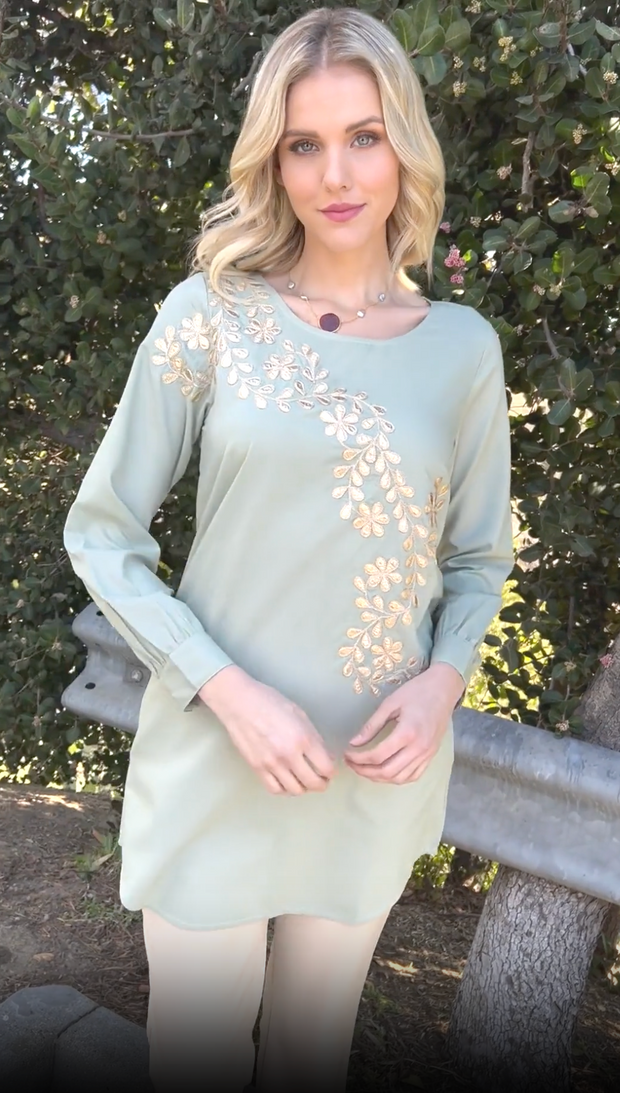 Mey Gold Embellished Long Modest Tunic - Tea Green - FINAL SALE