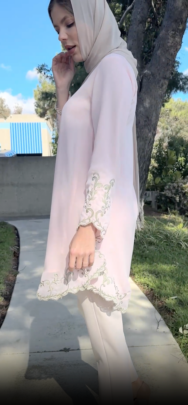 Meena Chiffon Formal Embroidered Long Modest Tunic - Blush - PREORDER (ships in 2 weeks)