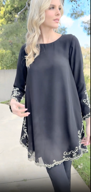 Meena Chiffon Formal Embroidered Long Modest Tunic - Black - PREORDER (ships in 2 weeks)