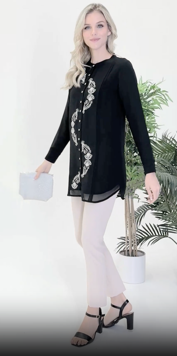 Aroosa Embroidered Chiffon Modest Button down Shirt - Black