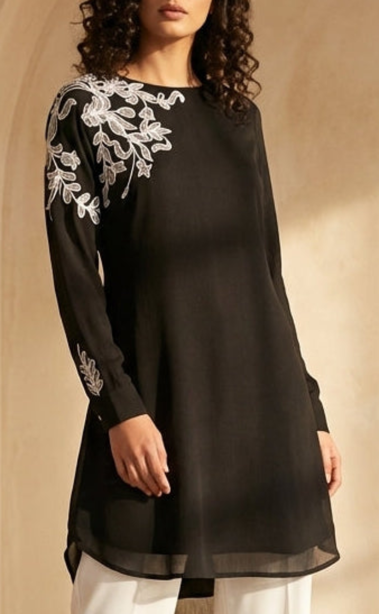 Selena Embroidered Long Modest Tunic - Black