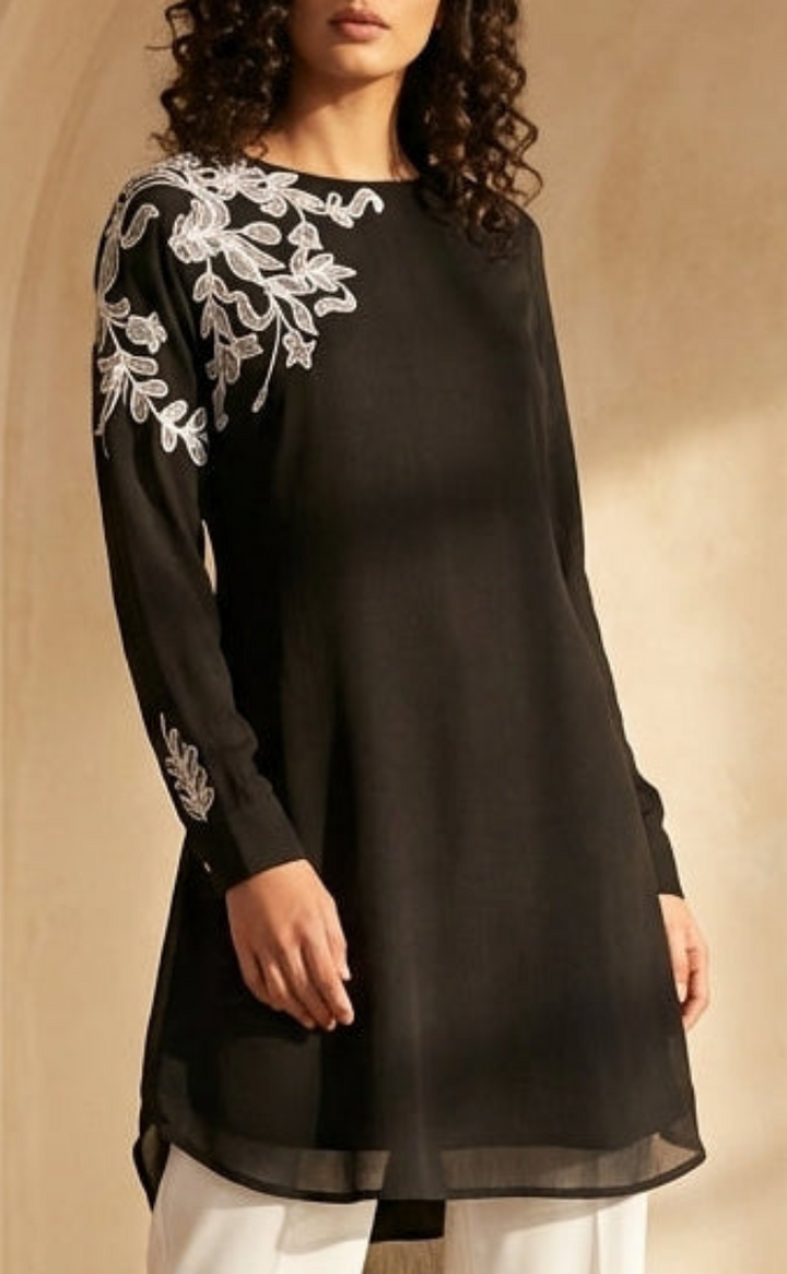 Selena Embroidered Long Modest Tunic - Black