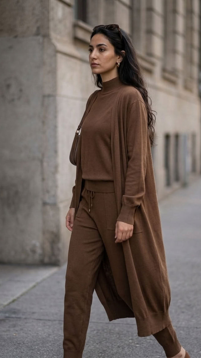 A woman walking down a city street wearing a matching brown knit set consisting of a mock-neck long-sleeve top, a draped open-front cardigan, and coordinating drawstring trousers.
